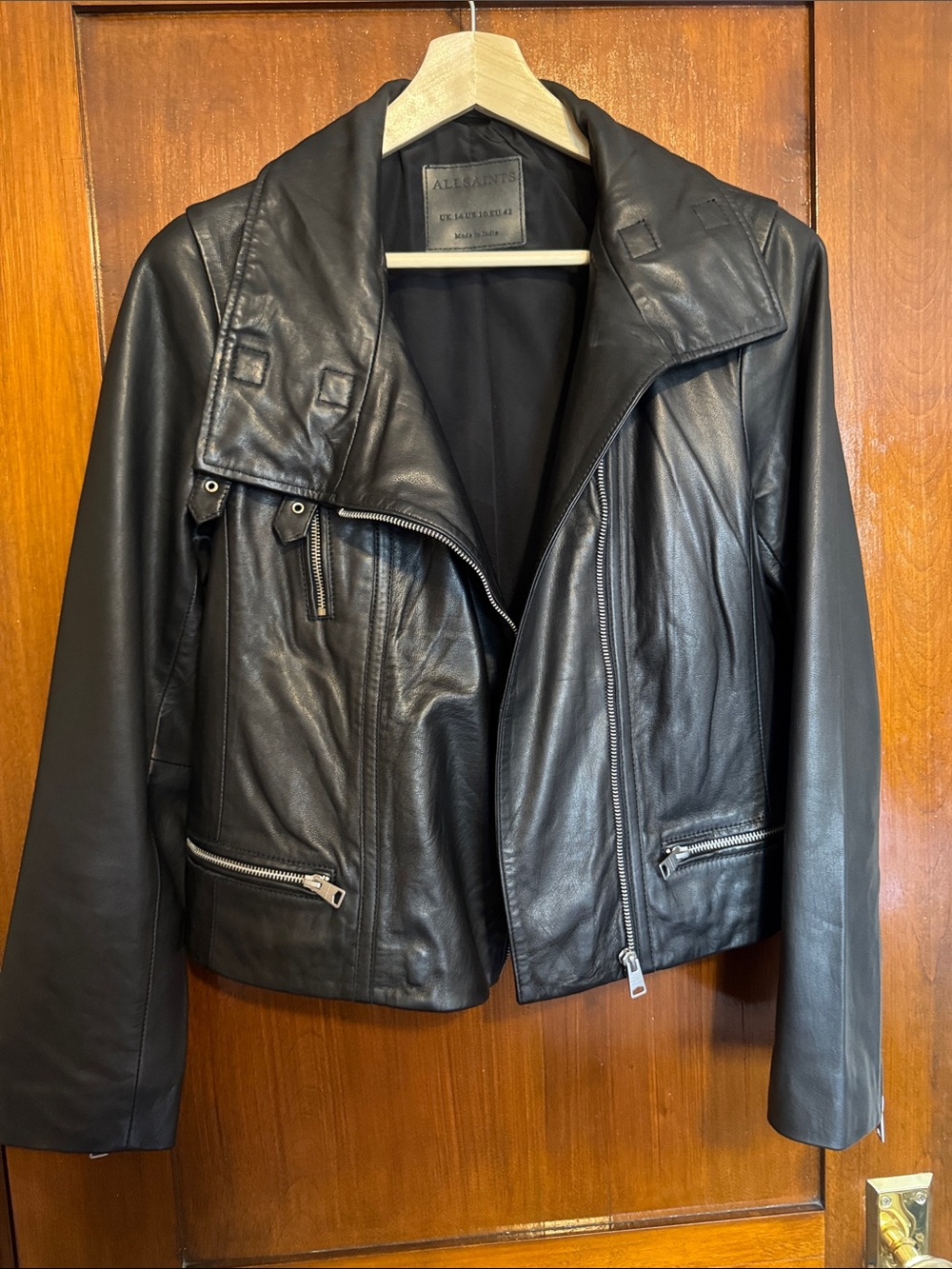 All Saints Black Leather Moto Jacket with Asymmetrical Zip